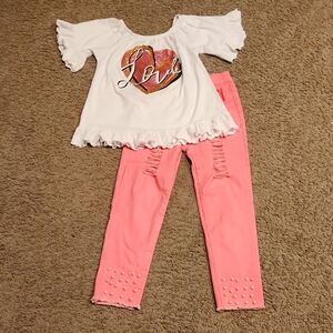 Cute! 2 piece set. Pink pants. White top with ruffle sleeves. Worn once!